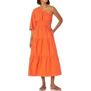 The Drop Women's April One Shoulder Cut-Out Tiered Midi Dress Orange Size Small